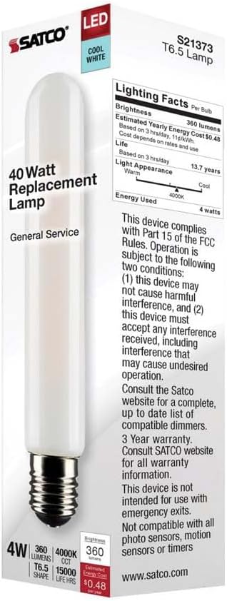 Satco 23173-4T6.5/LED/FR/940/120V/E17 Tubular (S21373) Intermediate Screw Base Exit Light Bulb...