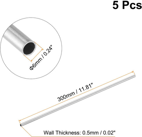 uxcell 5Pcs 304 Stainless Steel Tube, OD 6mm x 0.5mm Wall Thick 300mm Length Capillary Metal Tubing for Industry Machinery...