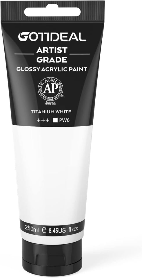 GOTIDEAL Acrylic Paint Titanium White Tubes(250ml, 8.79 oz) Non Toxic Non Fading,Rich Pigments for Painters, Adults & Kids, Ideal for Canvas Wood ...