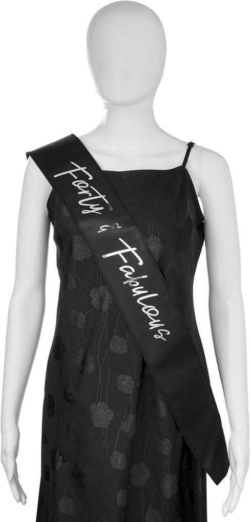 BLUE PANDA 40th Birthday Sash and Tiara for Women, Forty and Fabulous Party Decorations (Black Satin 40th Birthday Sash For Women)...