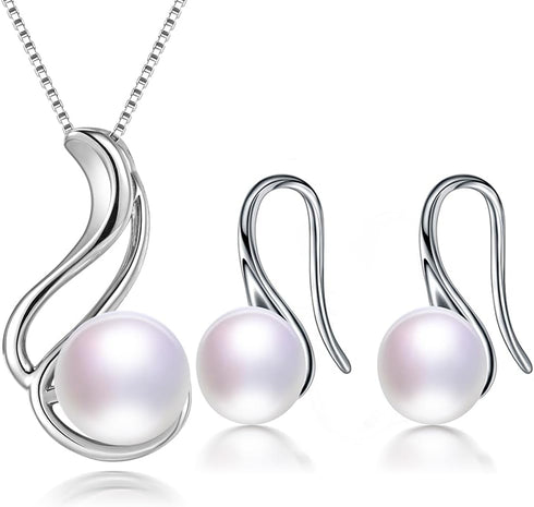 Bridal Wedding Jewelry 8-9 mm Genuine Pearl 18'' Pendant Necklace Earrings Set for Women 925 Sterling Silver White...
