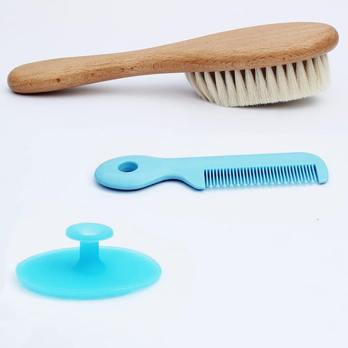 Baby Hair Brush with Wooden Handle&Silicone Baby Cradle Cap Brush Set, for Newborns & Toddlers-Natural Soft Goat Bristles-Ideal for Cradle Cap-Per...