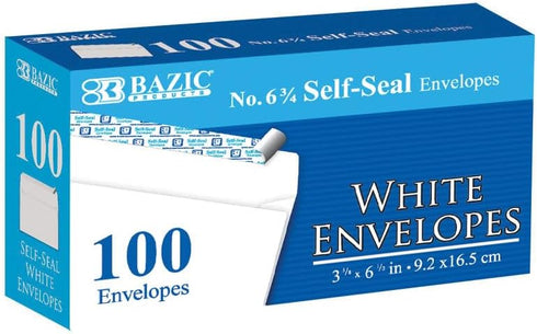 BAZIC Self Seal White Envelope 3 5/8" x 6 1/2" #6, No Window Mailing Envelopes, Peel & Seal Mailer for Business Invoice Check (100/Pack), 1-Pack...