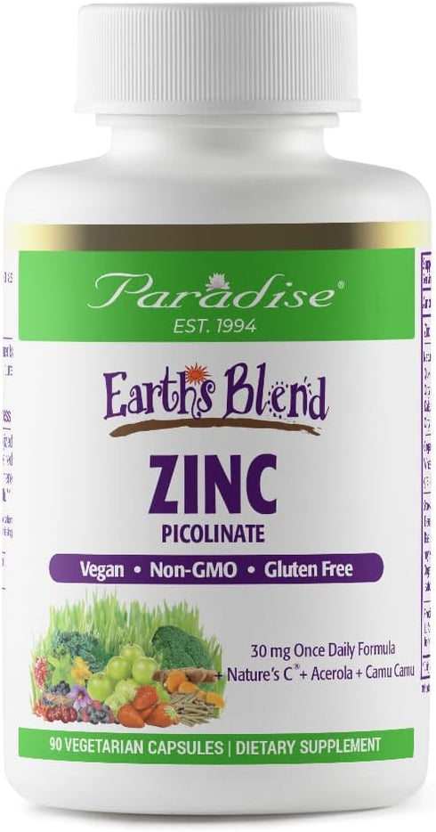 Paradise Herbs Zinc Supplements with Picolinate and Natures C, for Immune Support, Super Potent, Ultra Pure, Gluten Free, Non-GMO, Vegan, 30 mg, 9...