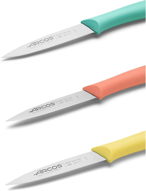 Arcos Paring Knife Set of 3 Pieces 4 Inch Stainless Steel. Colorful Kitchen Knives for Peeling Fruits and Vegetables. Ergonomic Polypropylene Hand...