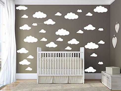 31pcs White Cloud Wall Decals – Mixed Sizes 4-10in Floating Vinyl Stickers for Baby Nursery, Kids Bedroom, Ceiling or Playroom – Removable DIY Hom...
