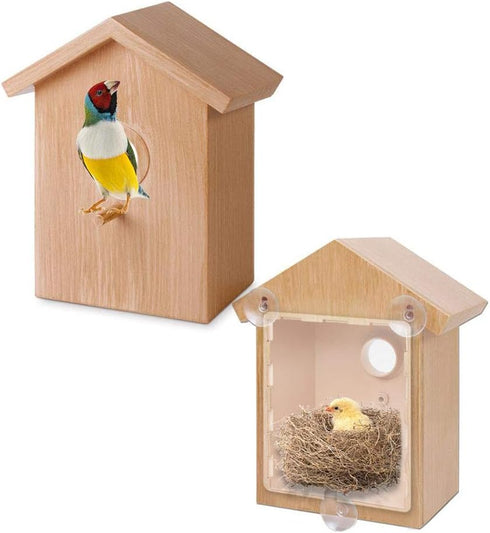 Outdoor Wooden DIY Bird Nest Cage Bird Feeder with Suction Cup Window Decorations...