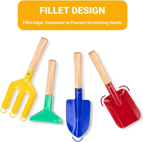 Beach Toys for Kids, 4 Pcs 8'' Sand Toys Set Metal Garden Tools with Sturdy Wooden Handle, Mesh Beach Bag (Blue),Gardening Equipment Fork, Rake, F...