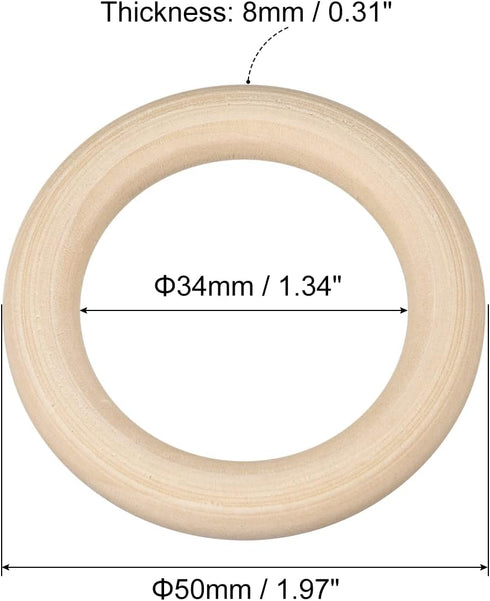 uxcell 50Pcs 50mm(2-inch) Natural Wood Rings, 8mm Thick Smooth Unfinished Wooden Circles for DIY Crafting, Knitting, Macrame, Pendant...
