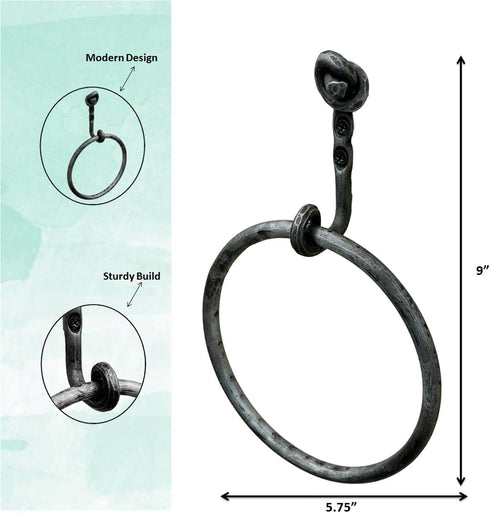 Hand Forged Knot Metal Towel Ring Wrought Iron Handmade Wall Mounted Hand Towel Holder Blacksmith Wall Mounted Towel Rack Black Antique Finish Hea...