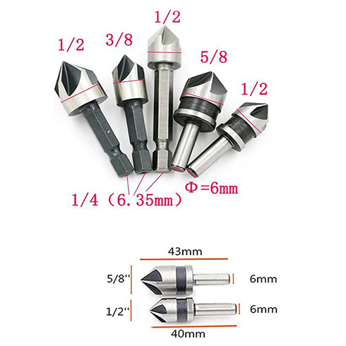 Chiloskit 5pc 5 Flutes 82 Degree Chamfer Countersink Deburring Drill Bit Set Crosshole Cutting Metal Tool Kit for Wood Metal Plastic, WoodWorking ...