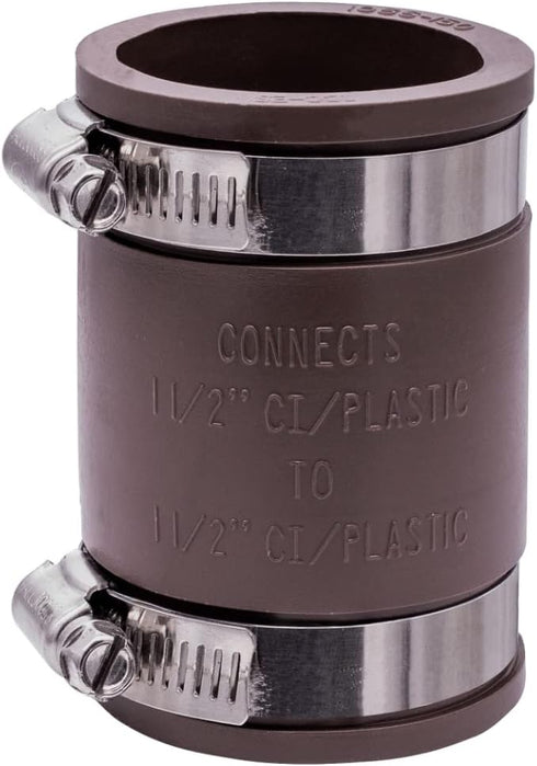 Fernco 1056-150 1-1/2-in. Flexible PVC Pipe Coupling for Cast Iron and Plastic Plumbing Connections in Brown...