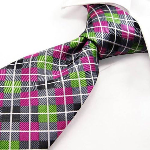 Intrepid Executive Wardrobe Accessory, Handmade 100% Silk Jacquard Woven Gray Pink Green Checked Tie 3.4" Classic Silk Jacquard Men's Necktie Tie...