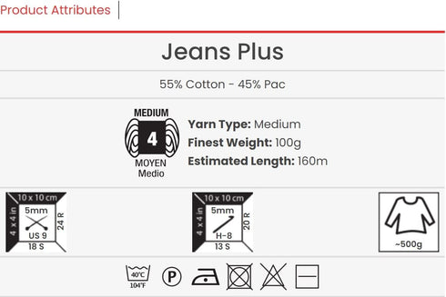 Yarn Art Jeans Plus Yarn, 55% Cotton 45% Polyacrylic, 100 g (3.5 oz), 160 m (174 yds), Yarn Weight: 4 : Worsted-Aran (11)......