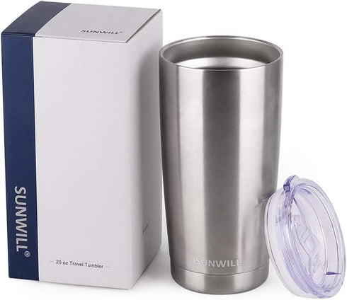 SUNWILL Travel Coffee Tumbler 20 oz, Stainless Steel Mug with Lid, Insulated Cup for Water, Tea, Hot and Cold Drinks, Silver...