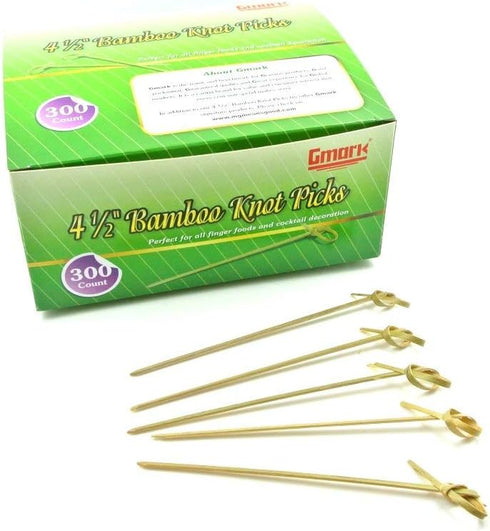 Gmark Bamboo Cocktail Picks 4.5" 300 ct - Bamboo Knot Skewers, Looped Knot Twisted Ends Perfect for Cocktail Party, Barbeque, Club Sandwiches - Pa...
