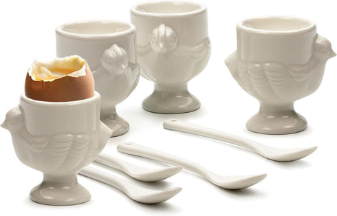 RSVP International Poached Egg Spoon, 4 Piece Set Multipurpose Use for Serving Jam, Honey or Soft Boiled Eggs, 5.5" Length, White Porcelain...