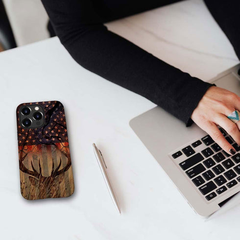 DJSOK Case Compatible with iPhone 15 Plus,Creative Wood Grain American Flag Deer Phone Case Colorful Fall Protection Shell Hybrid 2-Layer Hard She...
