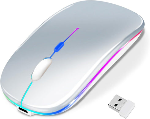 Wireless Bluetooth Mouse for iPad/MacBook Pro/Air/Laptop/pc Rechargeable Silent Mouse Portable Slim for Surface Pro/Lenovo/Samsung Tablet (LED/Sil...
