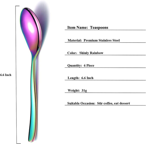 Rainbow Teaspoons, 6 Piece Spoons Silverware, Stainless Steel Small Spoons, Tea Spoons for Home, Kitchen or Restaurant, Dishwasher Safe (6.6 Inche...