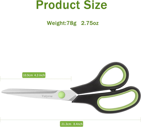 Scissors, Stainless Steel Cutting Blade Rubber Handle, Black and Green, 8", 1 Piece...