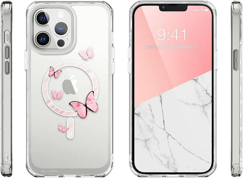 i-Blason Halo Case Compatible with MagSafe for iPhone 13 Pro Max 6.7 inch, Slim Clear Case with TPU Inner Bumper (Butterfly/Pink)...