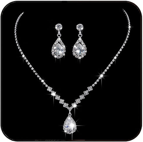 Yean Bride Silver Bridal Necklace Earrings Set Crystal Wedding Jewelry Set Rhinestone Choker Necklace for Women and Girls (Set of 3)...