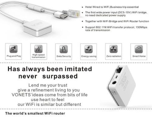 VONETS VAR11N-300 Portable WiFi Router 2.4GHz WiFi Bridge Wireless Repeater WiFi Hotspot to Ethernet WAN/LAN 2 RJ45 Ports(10/100Mbps) DC/USB Power...