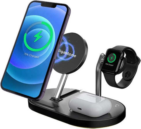 Gigastone 15W Wireless Charging Station, 3 in 1 Strong Magnetic Wireless Charging Stand, Wireless Charger Compatible with iPhone 14/13/12/11/SE/X/...