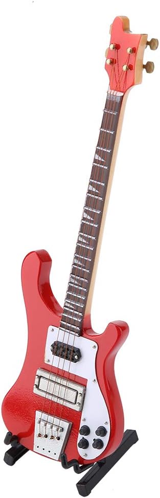 Red Miniature Bass Guitar Wood Replica Model Ornament with Adjustable Stand Mini Art Projects Christmas Gift...