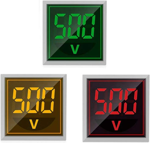 3pcs Digital Display AC Voltage Indicator, 22mm Square Head LED Voltage Tester AC50~500V Voltmeter Monitor Green red Yellow...