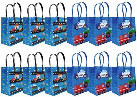 Tiny Mills Cars Fire Trucks Transportation Party Favor Bags Treat Bags with Handles, Birthday Party Goodie Bags Candy Bags for Toddler Birthday Pa...