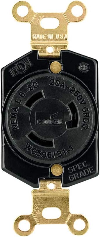 EATON L620R Hard Cw Ground Lock Single Electrical Receptacle, 250 Vac, 20 A, 2 Pole, 3 Wire, Black and White...