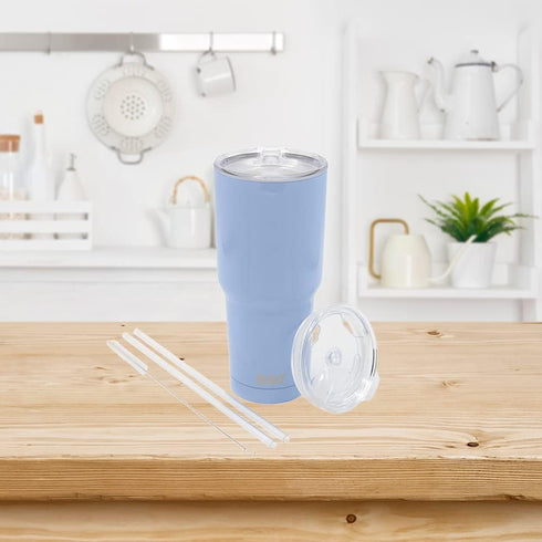 BUILT Double Walled Stainless Steel Tumbler Set with Replacement Lid, 2 Reusable Tritan Wire Straw Cleaning Brush in Gift Box, 30-ounces, Cerulean...