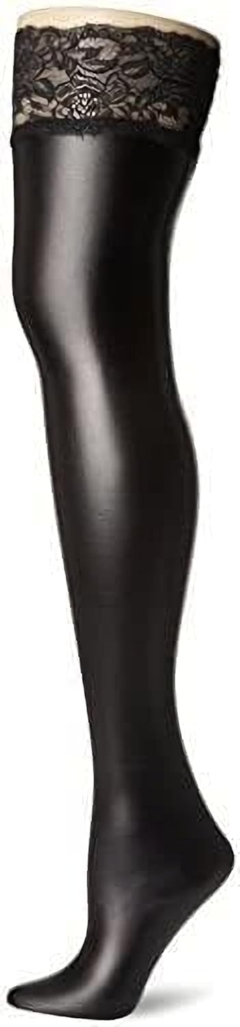 Women's Lingerie Black Lycra Wet Look Thigh High Stockings With Lace...