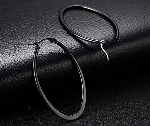 Stainless Steel Gold Thin and Flat Big Large Oval Spring loaded Hoop Earrings-black...
