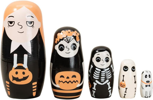 Halloween Themed Girls Nesting Dolls Skeleton Pumpkin Ghost Puppy Wooden Russian Nesting Doll Matryoshka Kid Stacking Toy Gift Dolls for Home Haun...