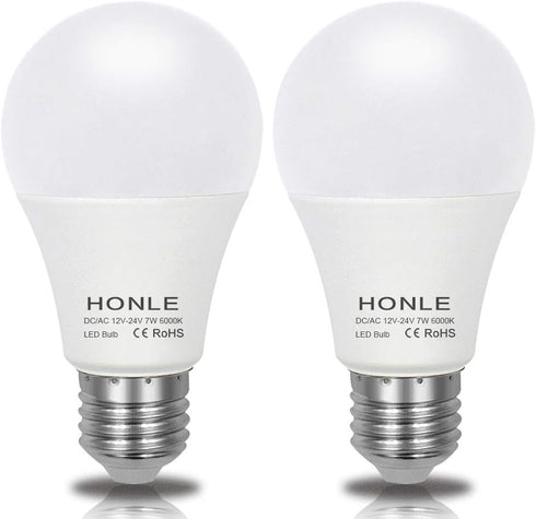 Honle E26 E27 LED Light Bulbs 12V 24V Low Voltage 7W A19 Daylight White 6000k Standard Edison Base 60w Equivalent, Pack of 2...