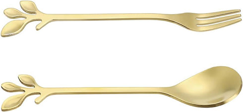 AnSaw Gold Swan Base Holder Set with 10 Pcs 4.7" Mini Leaf Teaspoons & Dessert Forks - Perfect for Appetizers,Salads,Cakes,Fruits,Cocktails,Tea,Es...