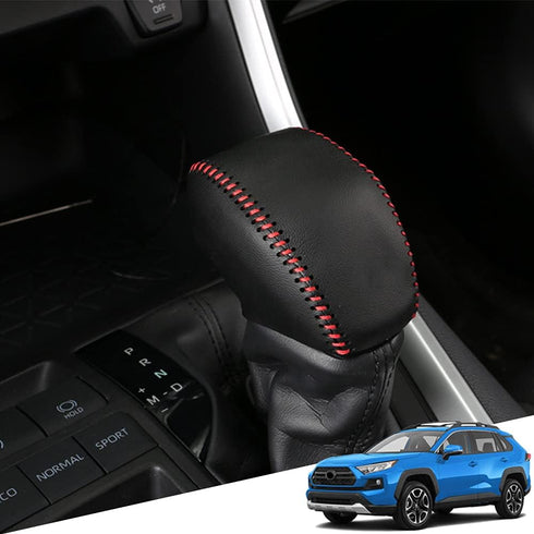 Great-luck Genuine Leather Automatic at Gear Shift Knob Cover Protector Trim,The car Interior Accessories(Black with Red Stitches),for Toyota RAV4...