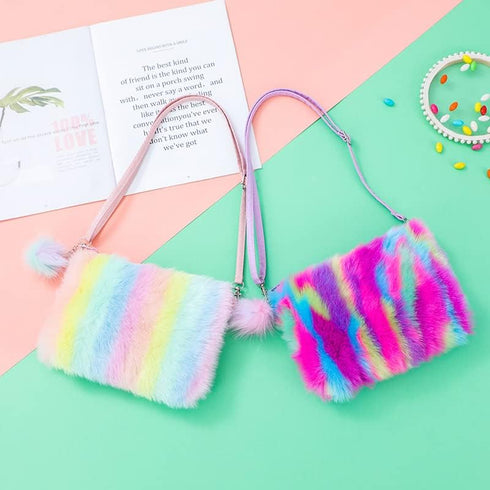 Women Girls Kids Fluffy Fuzzy Bag Plush Tie Dye Rainbow Crossbody Purse Wallet...