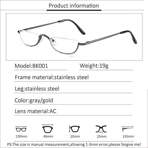 Half Frame Reading Glasses, Half Metal Moon Readers for Women Men 2 Pairs 1.25...