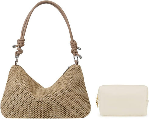 Women Small Faux Straw Bag Summer Beach Bag Woven Underarm Bag Hobo Bag Shoulder Bag Crossbody Purse Handbag 2 Pcs Set...