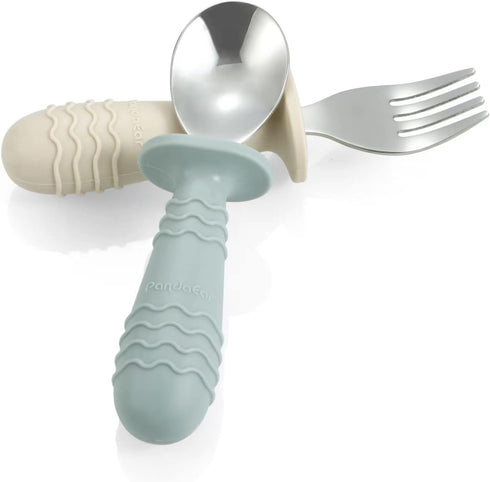 PandaEar 4 Set Baby Toddler Silicone Stainless Steel Utensils Silverware Spoon Fork for Baby Toddler BPA Free with Silicone Holding Anti-Choke Des...