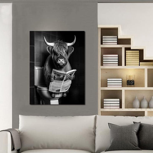 Black and White Animal Farmhouse Wall Art Highland Cow Reading Newspaper on Toilet Bowl Canvas Print Fun Art Poster for Wall Bathroom Canvas Paint...