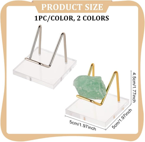 FINGERINSPIRE 2 Pcs Acrylic Stone Display Stand 2x2x1.7 inch Platinum & Golden Metal Arm Display Stand with Acrylic Base Mineral Specimens Display...