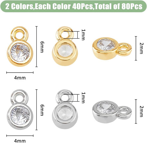 SUPERFINDINGS 80Pcs 2 Colors Bulk Cubic Zirconia Charms Brass Flat Round Pendants Rhinestone Crystal Platium Charms Golden Earring Bracelet Neckla...