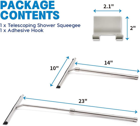Shower Squeegee with Long Handle and Adhesive Hook. for Glass Doors, Tile Walls, Mirrors and Windows. Telescoping Squeegee for Cleaning. Bathroom ...