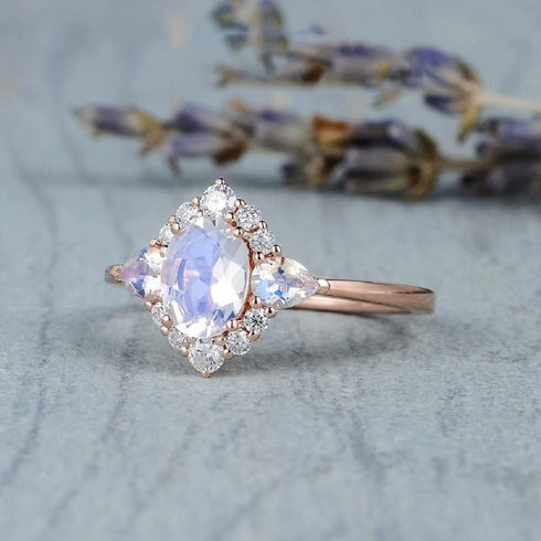 Plated 18k Rose Gold Rainbow Moonstone Rings,Women Bridal Set Statement Anniversary Ring Gift Oval & Pear Cut CZ Simulated Diamond Engagement Ring...