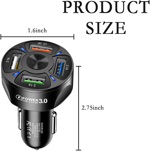4-Port Car Charger Adapter,QC3.0 Fast Charging with LED Light Display Cigarette Lighter USB Charger Compatible with iPhone 14 Pro MAX/13 MacBook P...